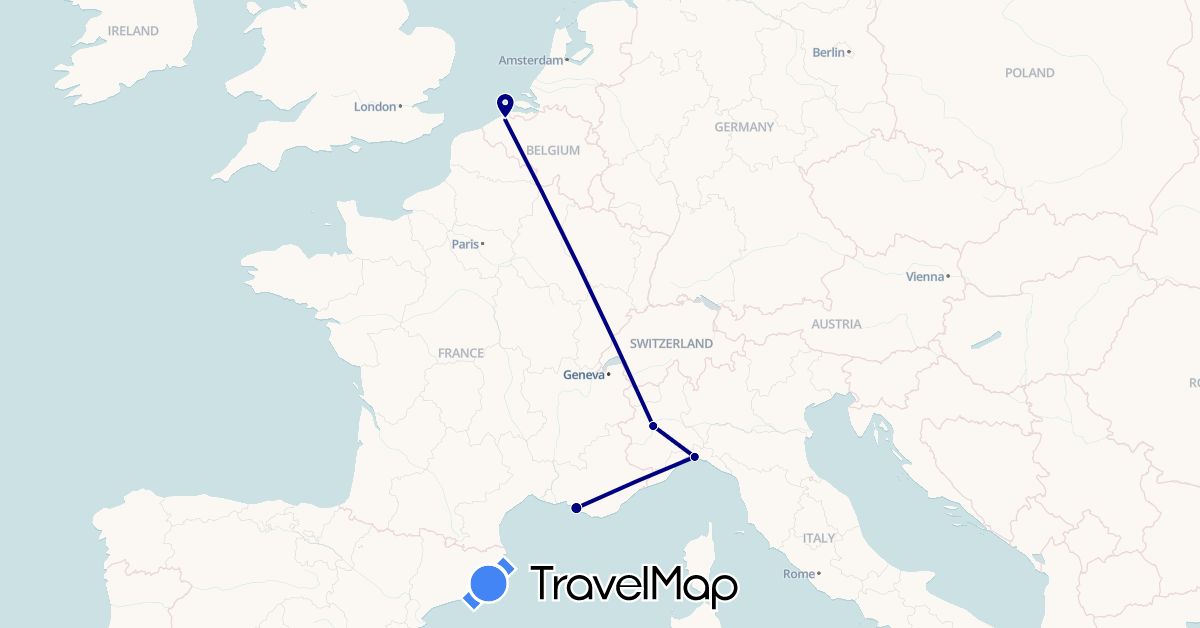 TravelMap itinerary: driving in Belgium, France, Italy (Europe)